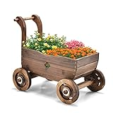 COSTWAY Blumenwagen Holz, Pflanzwagen mit Rädern und Griff, Pflanzkasten mit Abflussloch, Pflanztopf Bollerwagen, Schubkarre Gartendeko, Rustikaler Pflanzkarre für Garten Terrasse, Braun