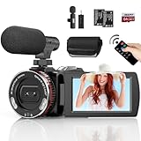 4K-Camcorder, 64 MP 60 FPS Vlogging-Kamera mit kabellosem Mikrofon für YouTube, Ultra HD 7,6 cm Flipscreen, 21 x Digitalzoom Videorecorder-Kamera mit 64 GB SD-Karte, Fernbedienung und 2 Batterien