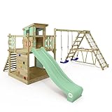 WICKEY Spielturm Klettergerüst Smart Surf mit Schaukel & pastellgrüner Rutsche, Outdoor Kinder Kletterturm mit Sandkasten, Leiter & Spiel-Zubehör für den Garten
