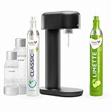 Sparpaket: Mysoda Ruby - Wassersprudler aus Aluminium mit 1L und 0,5L BPA-freier Plastikflasche, CO2-Zylinder Classic + CO2-Zylinder Limette (Schwarz)