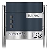 Graviers Design Briefkasten in Anthrazit RAL 7016 mit Standfuß freistehend - Sichtfenster Postkasten personalisiert Edelstahl Laserschnitt Gravur mit Schloss Zeitungsfach
