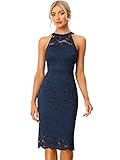 Allegra K Damen Spitzenkleid Ärmellos Figurbetontes Elegantes Etuikleid Neckholder Kleid Dunkelblau S