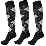 Pramoda 3 Paar Damen Baumwoll Reitsocken - Kniestrümpfe mit Karos, Reiterkniestrumpf - Schwarz (36-40)