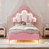 BSCFHCZ Kinderbett Polsterbett 90x200, Kinderbett Mädchenbett mit LED Beleuchtung, Kronen-Kopfteil, Einzelbett mit Lattenrost,Bettgestell Mädchenhausbett (Rosa + Krone + LED, 90 x 200 cm)