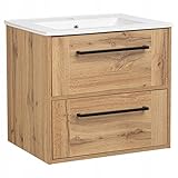 VBChome Hängeschrank 60 cm Eiche Wotan mit Keramikwaschtisch – Moderne Badmöbel mit Soft-Close-System und Metallgriffen