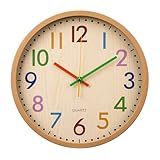 APIELE 12 Zoll Silent Bunte Buchstaben Kinder Wanduhr Modern Holzmaserung Quarz Nicht Zeit Reisen Kein Ticken Wanduhr Kinder Schlafzimmer Küche Wohnzimmer Schule