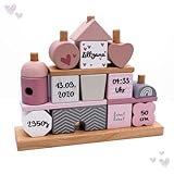 KIDSLINO Steckspiel Haus rosa Personalisierbares Geschenk zur Geburt Mädchen Handmade Holzspielzeug Personalisierte Baby Label Stapelturm mit Name & Geburtsdaten