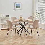 DEYARNA HOME Essgruppe 5-Teilig, 100cm Runder Esstisch und 4 Leinen-Esszimmerstühle, Esstisch und Stühle für 4 Personen, 4 Stühle & Tisch für Küche, Esszimmer und Wohnzimmer (Helle Holzfarbe+Braun)