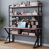Moderner Büroschreibtisch mit Bücherregal und Stecktafel, Massivholzschreibtisch für Home Office, großer Arbeitsstelle, Pink & Schwarz, 88,9 x 175,3 x 60,9 cm (B x H x T)
