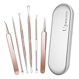 Upmore Professionelles Pickel Werkzeug-Set, 6-teiliger Mitesserentferner aus Edelstahl mit Metallbox & Pinzette, für Akne, Whiteheads und Hautunreinheiten im Gesicht und auf der Nase