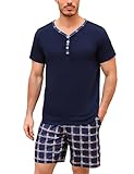 Irdcomps Schlafanzug Herren Pyjama Kurz Shorty Sommer Baumwolle Nachtwäsche Set Schlafanzüge Männer Karierter Knöpfen Kurzarm Navyblau XL