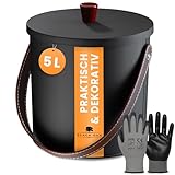 BLACK OAK Ascheeimer TOBA 5L - schwarz mit Deckel & Leder-Griff + Handschuhen - 5L Stahl feuerfest verzinkt & pulverbeschichtet Eimer für Asche Kohle Pellets Kamin edles schickes Design