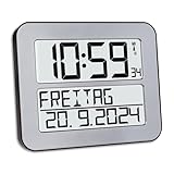 TFA Dostmann Timeline Max Funk-Wanduhr, 60.4512.54, digital, übersichtliche Funkuhr, Seniorenuhr, Demenzuhr, mit ausgeschriebenem Wochentag & Datum, mit Weckfunktion, 25,8 x 3 x 21,2 cm, Silber