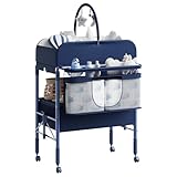 Wickeltisch Klappbar Mit 2 Schubladen, Höhenverstellbar, Wasserdichte Matte, Platzsparende Wickelkommode, Kleiderstange & 4 Verriegelbare Räder, Blau