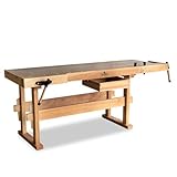 BAMATO Hobelbank WORK-2100 aus Massivholz | Buchenholz | Arbeitshöhe 82,5cm | 2X Spannzange | Geräumiger Schubkasten | Werkbank Werkzeugbank