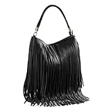 WEDMAY Damen-Schultertasche mit Quasten, Cowgirl-Fransen, weiches Kunstleder, Stil 1 - Schwarz, Large