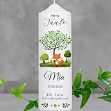 Personalisierte Taufkerze für Mädchen -Jungen mit Taufspruch,Lebensbaum und Fuchs-Motiv im Walddesign-ideal für die Taufe,als Geschenk zur Taufe,Patenkerze oder auch für Konfirmation und Kommunion.