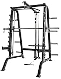 Smith Machine Profession JK Fitness | Gewichthebermaschine mit geführter Langhantel | 9 Verriegelungspositionen | 2 Sicherheitsspotter | Struktur mit Latstange und Bizepsstange 8 Scheibenhalter
