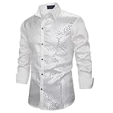 Herren Karneval Hemd Glitzer Druck Gold Kragen Tanz Kostüm Ideal Für Festliche Veranstaltungen Deutscher Karnevalsanzug für Männer, Cooles Glitzer-Tanzhemd mit Heißprägung Hemd (Silver, XL)