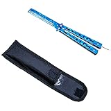 CMOISO Klappkamm AnfäNger, 1 Stück Butterfly Trainer Knife, Edelstahl Trainer Kamm, mit 1 Stück Oxford-Tasche, Flip-Trainer-Übungswerkzeug, Friseurmesser-Kamm, langlebig, für Anfängertraining (Blau)