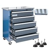 LARBANKE Werkzeugkiste mit 5 Schubladen, Werkzeugkasten mit Rollen und Fußpolster, Werkzeugschrank mit Sicherheitsverriegelungssystem und Edelstahl-Oberseite, kombiniert einen großen Arbeitsplatz