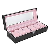 JYCRA Uhrenbox mit 6 Fächern, Schwarzes PU-Leder, Armbanduhr-Vitrine, Organizer mit Rosa Liner, Uhren-Vitrine für Männer und Frauen