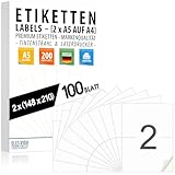 Selbstklebende DIN A5 Etiketten 210 x 148 mm auf DIN A4-100 Blatt (200 Labels) - (2 pro A4 Bogen) matte Oberfläche, bedruckbar mit Tinte- und Laserdruckern, Aufkleber für viele Bereiche - GERMANY
