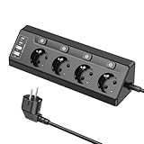 Ecksteckdose mit 2 USB und 2 USB C, 4 Fach Mehrfachsteckdose mit Schalter, 8 in 1 Überspannungsschutz mit 2M Kabel, Tischsteckdose, Schreibtisch Steckdose, Küchensteckdose, Schwarz