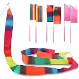 ZHXGO 6 Stück Kinder Rhythmische Sportgymnastik Band Tanzbänder, 2m Tanzband Gymnastikband mit Wirbelndem Stab, Kinder Regenbogen Band, Regenbogenfarben Gymnastik Streamer für Ausbildung