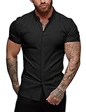 URRU Herren Hemd Kurzarm Muskel Fit Freizeithemden Bügelleichte Business Hemd Herrenhemden Sommerhemd, Schwarz, L
