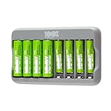 100% PeakPower Akku Ladegerät AA AAA | Batterie Ladegerät inkl. 8 Akkus (4X AA + 4X AAA Akku), Überladeschutz, Sicherheits-Timer (USB Ladegerät Batterien in plastikfreier Verpackung)