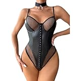 EQWIGKEIT Dessous Damen sexy unterwäsche, Wetlook Damen Für Sex Erotisch Unterwäsche Dessous Leder Sexy Bodysuit Lingerie Latex Ausgehöhlt Catsuit Negligee Wetlook Reizwäsche Cosplay Kostüm