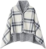 WINKEEY Damen Poncho, Winter Warm Umhang, Strick Cape Cardigan Für Frauen, Wrap Open Front Cape, Dicke Fleece Decke, Grau Weiß