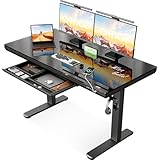 OffiGo Glas Höhenverstellbarer Schreibtisch, 120 x 60 cm Elektrischer Schreibtisch mit Schublade, Ganze Tischplatte mit USB und Type-C, Standing desk, Steh-Sitz Glastisch für Home Office Büro, Schwarz
