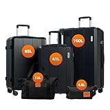 Vallsero Koffer Set, Gepäck Set, Trolleys, Reise Koffer 5tlg, ABS, TSA-Schloss, Enthält 1 Reisetasche und 1 Kulturbeutel, 4 Rollen, Aluminium-Teleskopgriff (Schwarz)