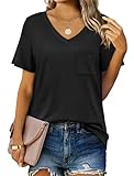 Suncife Lässiges Sommer-T-Shirt für Damen, kurzärmelig, V-Ausschnitt, T-Shirt mit Tasche, Schwarz, M