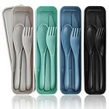 4 Plastik Besteck Set, Mehrweg Reisebesteck mit Etui, Camping Besteck mit Löffel Messer Gabel, Tragbare Utensilien für Lunchbox, Kunststoff-Besteckset für Picknick, Reisen, Schule, Büro