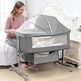 Oamger 3-in-1 Beistellbett für Babys, Tragbare Krippe mit Rädern, Krippe mit Moskitonetz und Matratze für Säuglinge/Neugeborene, 4 Höhenverstellbar, Wippmodus, Zustellbett