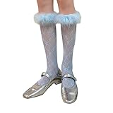 ZYMIADOU Damensocken, einfarbig, Spitze, über die Wade, durchsichtig, kniehoch, pelziger Rand, Spitze, Wadenstrümpfe, blau, Einheitsgröße
