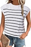 Arach&Cloz Pullover Damen Sommer Ärmellos Weste Pullunder Rundhals Gestrickte Oberteile Streifen Strickpullover Weiß-schwarz