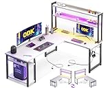 ODK Eckschreibtisch Weiß mit Stall, Reversibel Gaming Tish L Form mit LED, Computertisch mit USB-Ladeanschluss&Steckdose, Gaming Schreibtisch für das Heimbüro, 150×120 cm