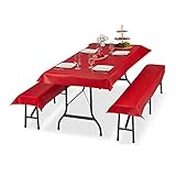 Relaxdays Bierzeltgarnitur Auflage 3er Set, Biertisch Tischdecke 250x100cm, 2 Bierbankauflagen 250x55cm, abwaschbar, rot
