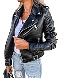YUTILA Damen Lederjacke – Bikerjacke aus Kunstleder mit Reißverschluss, Gürtel und Reverskragen, Kurzjacke im Rock-Style