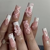Goiern 24 Stück Nägel zum Aufdrücken, mittellang, Strass, rosa, künstliche Nägel, quadratisch, glitzernd, glänzend, 3D-Blume, falsche Nagelspitzen, künstliche Nägel
