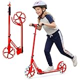 FANTASK Höhenverstellbarer Kickscooter Klappbar, Praktischer Sport-Tretroller mit LED-Rädern & ABEC-7 Kugellagern, Cityroller 100kg Tragkraft (Rot)