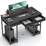 Claiks Schreibtisch mit Schubladen, Computertisch mit Regal Gaming Tisch mit Monitorständer, Bürotisch Weiß PC-Tisch für Home Office, Büro, Wohnzimmer (Schwarz, 120 x 60 cm)