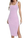 Missufe Damen Sommerkleid Midikleid Bodycon mit Schlitz Enges Streifen Bleistiftkleid (Hellviolett, Small)