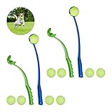 Relaxdays 4 x Ballschleuder für Hunde, Ballwerfer Set, inklusive 10 Tennisbälle, Ballwurfarm, Hundespielzeug Werfer, blau/grün