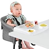 Ezebaby Tischsitz Klappbarer Sitzerhöhung Tragbarer Baby Hochstuhl Schnelle Anpassung mit 5-punkt Sicherheitsgurt und Tragetasche für Tischdicken von 2,5 bis 7,5 cm (Dunkelgrau, mit Tablett)