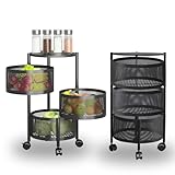 Allyson® Rollwagen Metall Küchenregal mit 3 Etagen – Servierwagen mit Rollen & ausklappbare Körben, idealer Aufbewahrungswagen, Beistellwagen & Servierwagen für Büro, Küche & Badezimmer - Schwarz